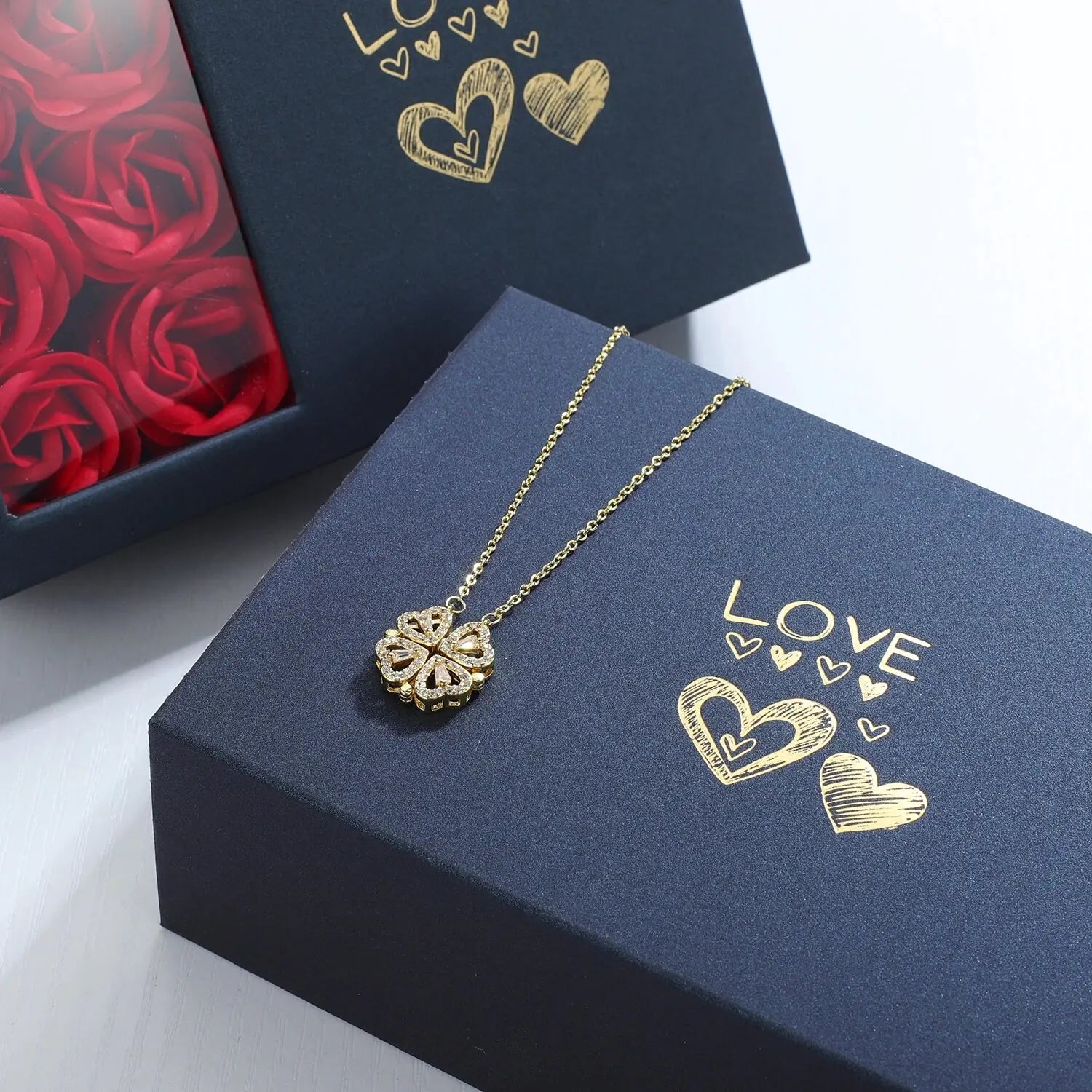 Rose Charm Gift Box – Four-Leaf Clover & Heart Necklace Set