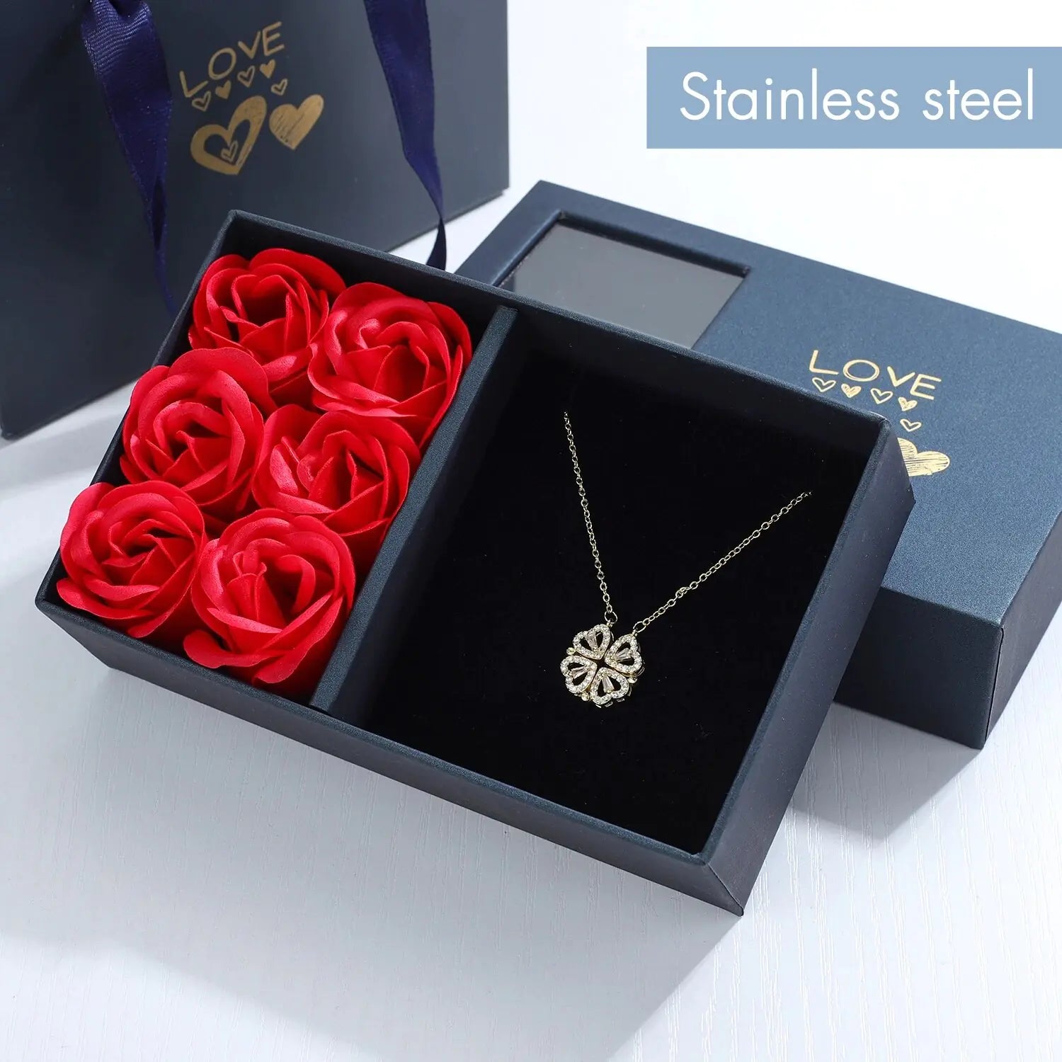 Rose Charm Gift Box – Four-Leaf Clover & Heart Necklace Set